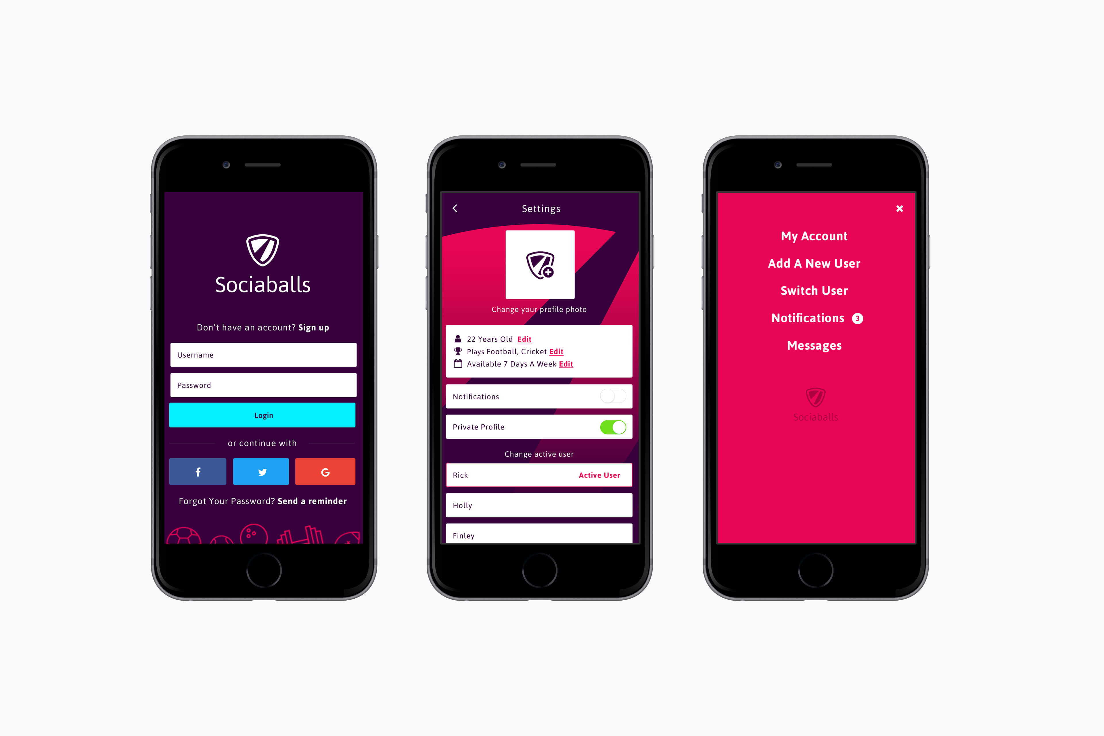 Sociaballs App Mobile Design for Sign-Up, Profile & Menu