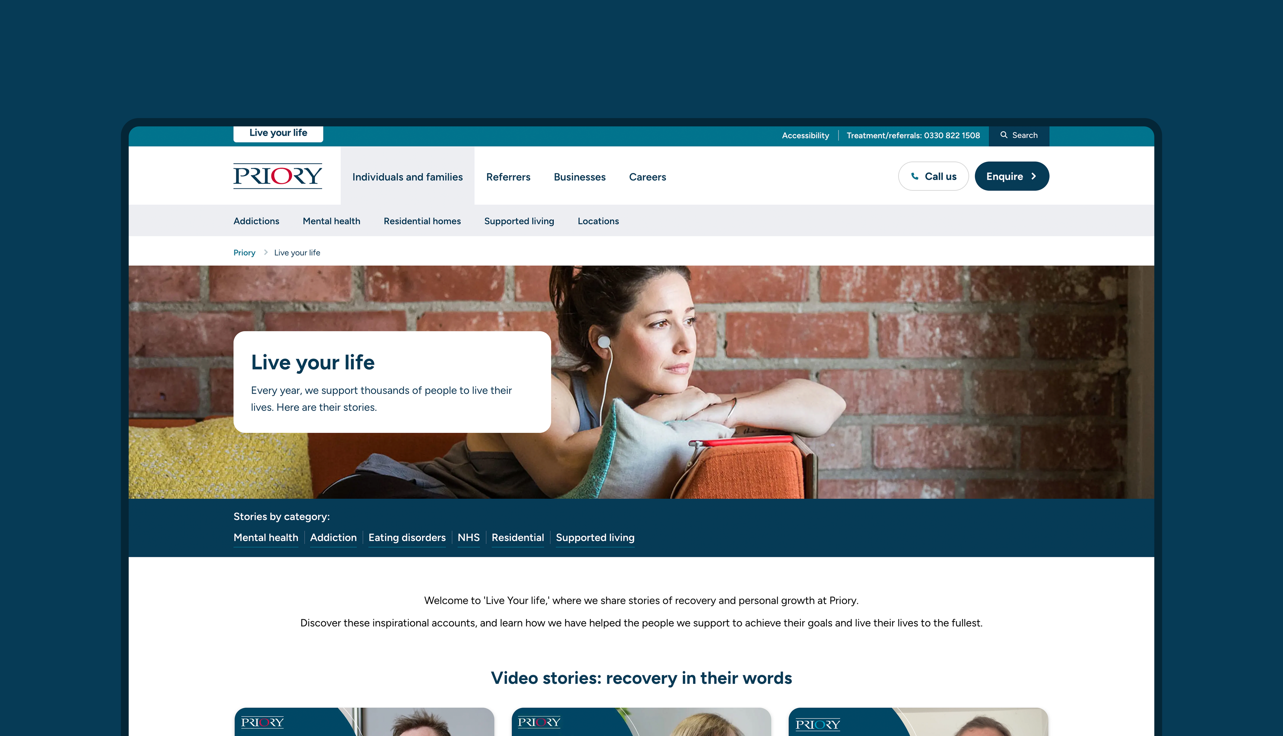 A shot of the Priory website on the 'Live Your Life' page